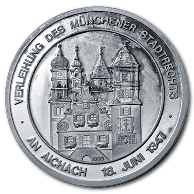 Verleihung des Stadtrechts an Aichach 1347 knapp 20g 999er Feinsilbermedaille Motivseite Verleihung des Stadtrechts an Aichach 1347 knapp 20g 999er Feinsilbermedaille Motivseite