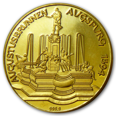 Augsburg Perlachturm und Rathaus 9999er Goldmedaille Serie Augustusbrunnen Rückseite