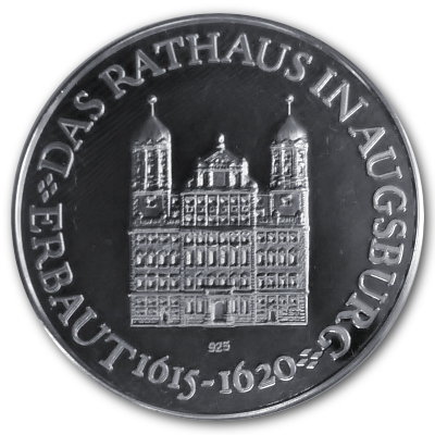 Rathaus von Augsburg 925er Silbermedaille in Polierter Platte Motivseite