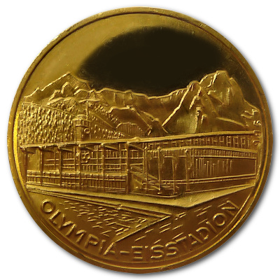 Olympia Eisstadion Garmisch-Partenkirchen Goldmedaille Rückseite Olympia Eisstadion Garmisch-Partenkirchen Goldmedaille Rückseite