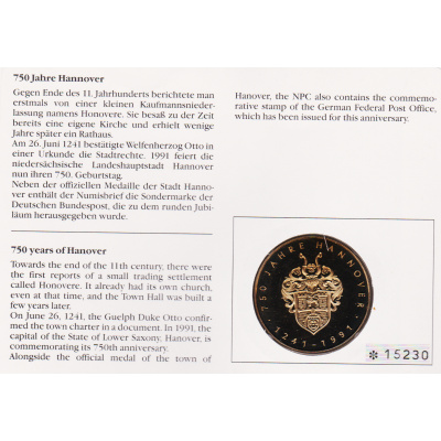 750 Jahre Hannover Numisbrief von 1991 Rückseite 750 Jahre Hannover Numisbrief von 1991 Rückseite