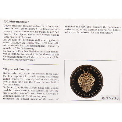 750 Jahre Hannover Numisbrief von 1991 Rückseite