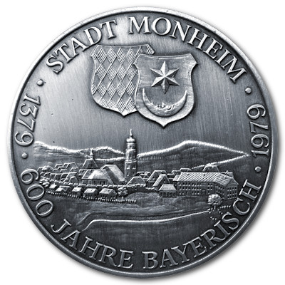 600 Jahre Stadt Monheim 1979 Medaille in Antik Finish aus rund 14g 999er Feinsilber Motivseite