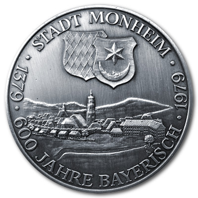 600 Jahre Stadt Monheim 1979 Medaille in Antik Finish aus rund 14g 999er Feinsilber Motivseite 600 Jahre Stadt Monheim 1979 Medaille in Antik Finish aus rund 14g 999er Feinsilber Motivseite