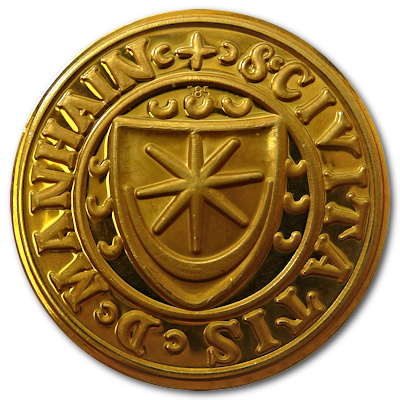 650 Jahre Stadt Monheim Goldmedaille von 1990 Rückseite 650 Jahre Stadt Monheim Goldmedaille von 1990 Rückseite