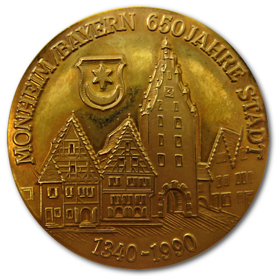 650 Jahre Stadt Monheim Goldmedaille von 1990 Motivseite