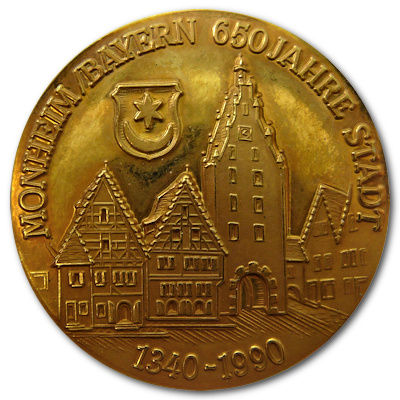 650 Jahre Stadt Monheim Goldmedaille von 1990 Motivseite 650 Jahre Stadt Monheim Goldmedaille von 1990 Motivseite