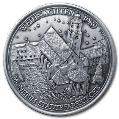 Stadtpfarrkirche Monheim von 1989 aus knapp 17g 999er Feinsilber in AntikFinish Motivseite Stadtpfarrkirche Monheim von 1989 aus knapp 17g 999er Feinsilber in AntikFinish Motivseite