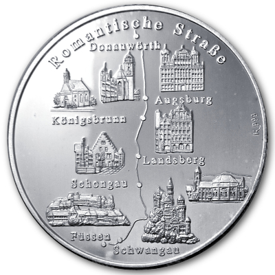 Romantische Strasse Silbertaler 999er Silbermedaille Motivseite Romantische Strasse Silbertaler 999er Silbermedaille Motivseite