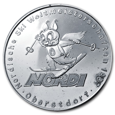 Nordische Ski WM 1987 Oberstdorf ca 10g 999er Feinsilbermedaille Rückseite Nordische Ski WM 1987 Oberstdorf ca 10g 999er Feinsilbermedaille Rückseite