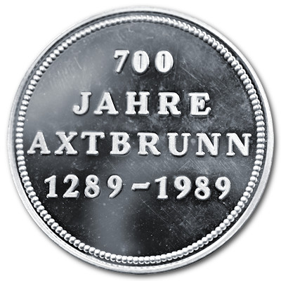 700 Jahre Axtbrunn mit Wappen Silbermedaille mit knapp 10g 999er Feinsilber Motivseite 700 Jahre Axtbrunn mit Wappen Silbermedaille mit knapp 10g 999er Feinsilber Motivseite