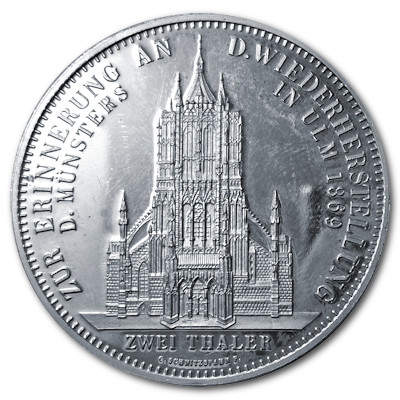 100 Jahre Vollendung Ulmer Münster Silbermedaille aus ca 24g 999er Feinsilber von 1990 Rückseite