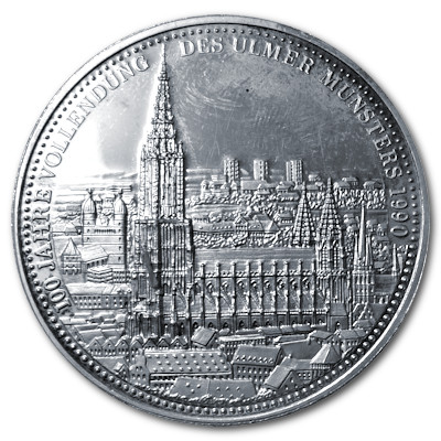 100 Jahre Vollendung Ulmer Münster Silbermedaille aus ca 24g 999er Feinsilber von 1990 Motivseite 100 Jahre Vollendung Ulmer Münster Silbermedaille aus ca 24g 999er Feinsilber von 1990 Motivseite