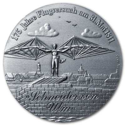 175 Jahre Flugversuch Schneider von Ulm knapp 25g 999er Feinsilbermedaille Motivseite 175 Jahre Flugversuch Schneider von Ulm knapp 25g 999er Feinsilbermedaille Motivseite