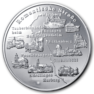 Romantische Strasse Silbertaler 999er Silbermedaille Rückseite Romantische Strasse Silbertaler 999er Silbermedaille Rückseite