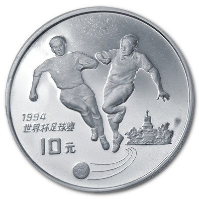 China 10 Yuan Fussball WM 1994 USA 1993 24,98g Silber 2 Spieler Vorderseite