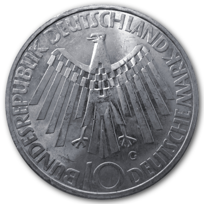 Deutschland 10 DM Gedenkmünzen 625er 1970 9,69g Silber Olympia Strahlenspirale Deutschland Rückseite