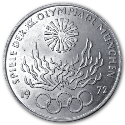 Deutschland 10 DM Gedenkmünzen 625er 1972 9,69g Silber Olympia Feuer mit Spirale und Ringen Vorderseite