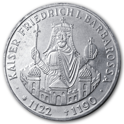 Deutschland 10 DM Gedenkmünzen 625er 1990 9,69g Silber 800 Todestag Kaiser Barbarossa Vorderseite