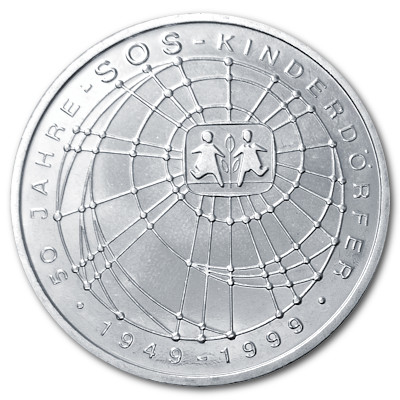 Deutschland 10 DM Gedenkmünzen 925er 1999 14,34g Silber 50 Jahre SOS Kinderdörfer Vorderseite
