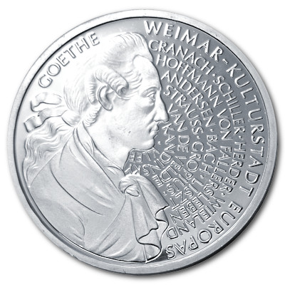 Deutschland 10 DM Gedenkmünzen 925er 1999 14,34g Silber Weimar und 250 Jahre Goethe Vorderseite