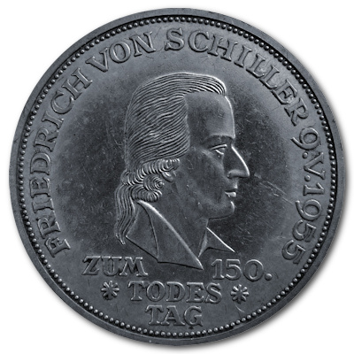 Deutschland 5 DM Gedenkmünzen 1955 7,00g Silber Friedrich von Schiller Vorderseite