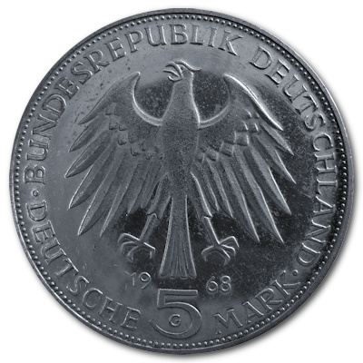 Deutschland 5 DM Gedenkmünzen 1968 7,00g Silber Johannes Gutenberg Rückseite