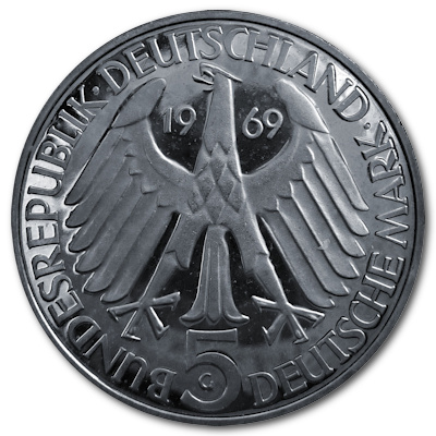 Deutschland 5 DM Gedenkmünzen 1969 7,00g Silber Theodor Fontane Rückseite
