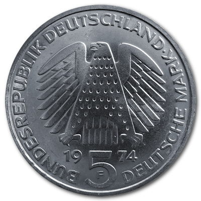 Deutschland 5 DM Gedenkmünzen 1974 7,00g Silber 25 Jahre Grundgesetz Rückseite