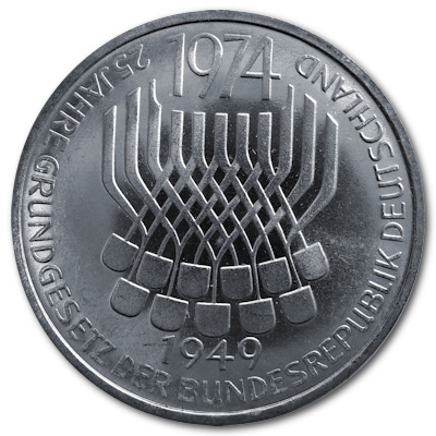 Deutschland 5 DM Gedenkmünzen 1974 7,00g Silber 25 Jahre Grundgesetz Vorderseite