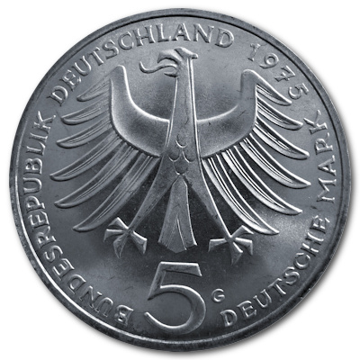 Deutschland 5 DM Gedenkmünzen 1975 7,00g Silber Albert Schweitzer Rückseite