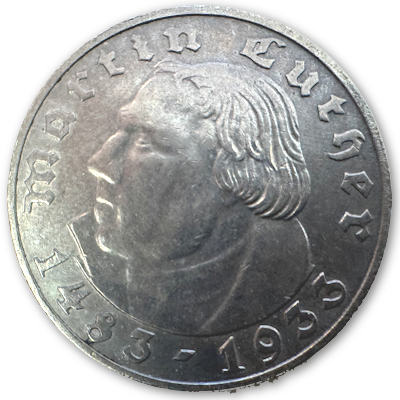Deutschland 2 Reichsmark RM 1933 5,00g Silber Martin Luther A Vorderseite