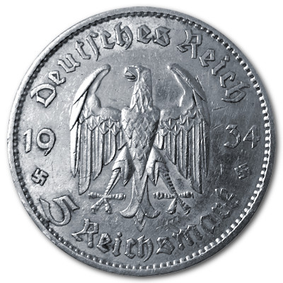 Deutschland 5 Reichsmark RM 1934 12,50g Silber Garnisonskirche mit Datum A Rückseite
