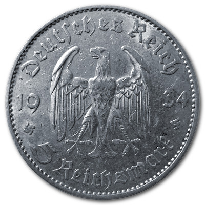 Deutschland 5 Reichsmark RM 1934 12,50g Silber Garnisonskirche mit Datum F Rückseite