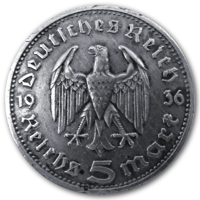 Deutschland 5 Reichsmark RM 1936 12,50g Silber Hindenburg ohne Hakenkreuz D Rückseite