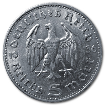 Deutschland 5 Reichsmark RM 1936 12,50g Silber Hindenburg ohne Hakenkreuz F Rückseite