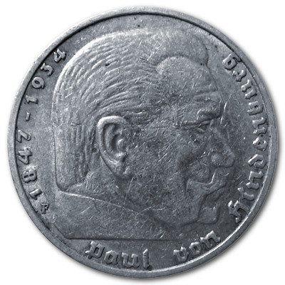 Deutschland 5 Reichsmark RM 1936 12,50g Silber Hindenburg ohne Hakenkreuz F Vorderseite