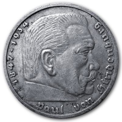 Deutschland 5 Reichsmark RM 1937 12,50g Silber Hindenburg mit Hakenkreuz E Vorderseite
