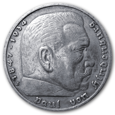 Deutschland 5 Reichsmark RM 1937 12,50g Silber Hindenburg mit Hakenkreuz J Vorderseite
