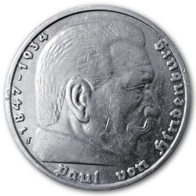 Deutschland 5 Reichsmark RM 1939 12,50g Silber Hindenburg mit Hakenkreuz J Vorderseite
