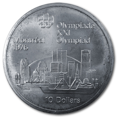 Kanada 10 Dollar Olympiade Montreal 1973 44,96g Silber Skyline von Montreal Vorderseite