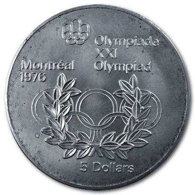 Kanada 5 Dollar Olympiade Montreal 1974 22,48g Silber Olympische Ringe Vorderseite