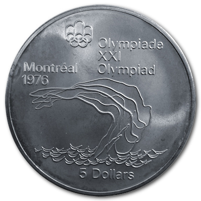 Kanada 5 Dollar Olympiade Montreal 1975 22,48g Silber Schwimmen Vorderseite