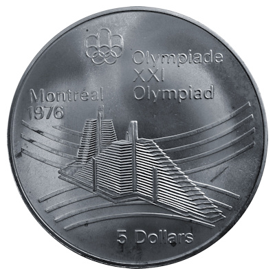 Kanada 5 Dollar Olympiade Montreal 1976 22,48g Silber Olympisches Dorf Vorderseite