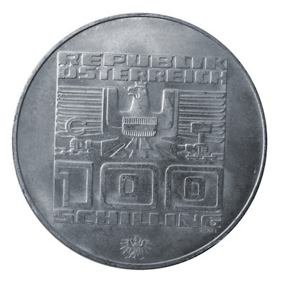 Österreich 100 Schilling 1975 15,36g Silber Winterolympiade Innsbruck 2. Ausgabe Prägestätte Hall Rückseite