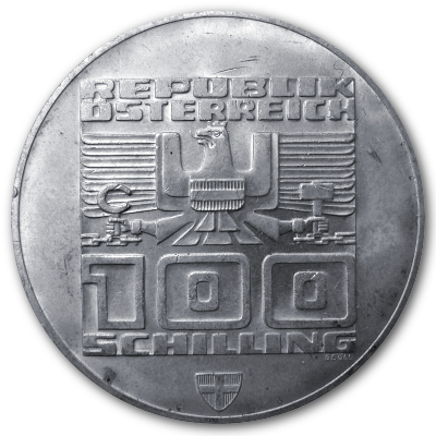 Österreich 100 Schilling 1975 15,36g Silber Winterolympiade Innsbruck 2. Ausgabe Prägestätte Wien Rückseite
