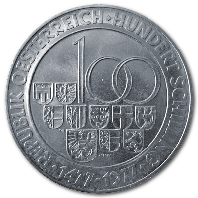 Österreich 100 Schilling 1977 15,36g Silber Münzstätte Hall Rückseite