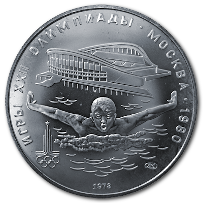 Russland 5 Rubel Olympiade Moskau 1978 15,00g Silber Schmetterlingsschwimmer Vorderseite