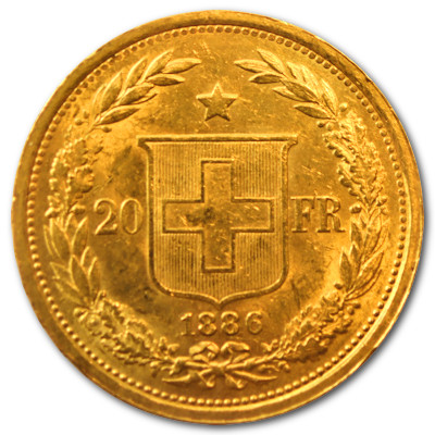 Schweiz 20 SFR Helvetia 1886 5,81g Gold Rückseite