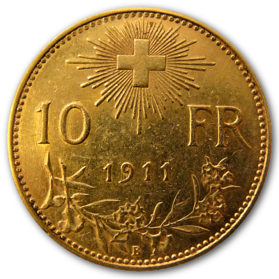 Schweiz 10 SFR Vreneli 1911 2,90g Gold Rückseite